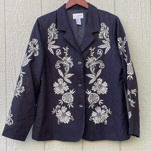VTG Victor Costa Occasion Blazer Jacket womens L Black Linen+ Floral Embroidered